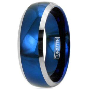 Men's Blue Domed Wedding Band with Beveled Silver Edges - Men's Wedding Rings
